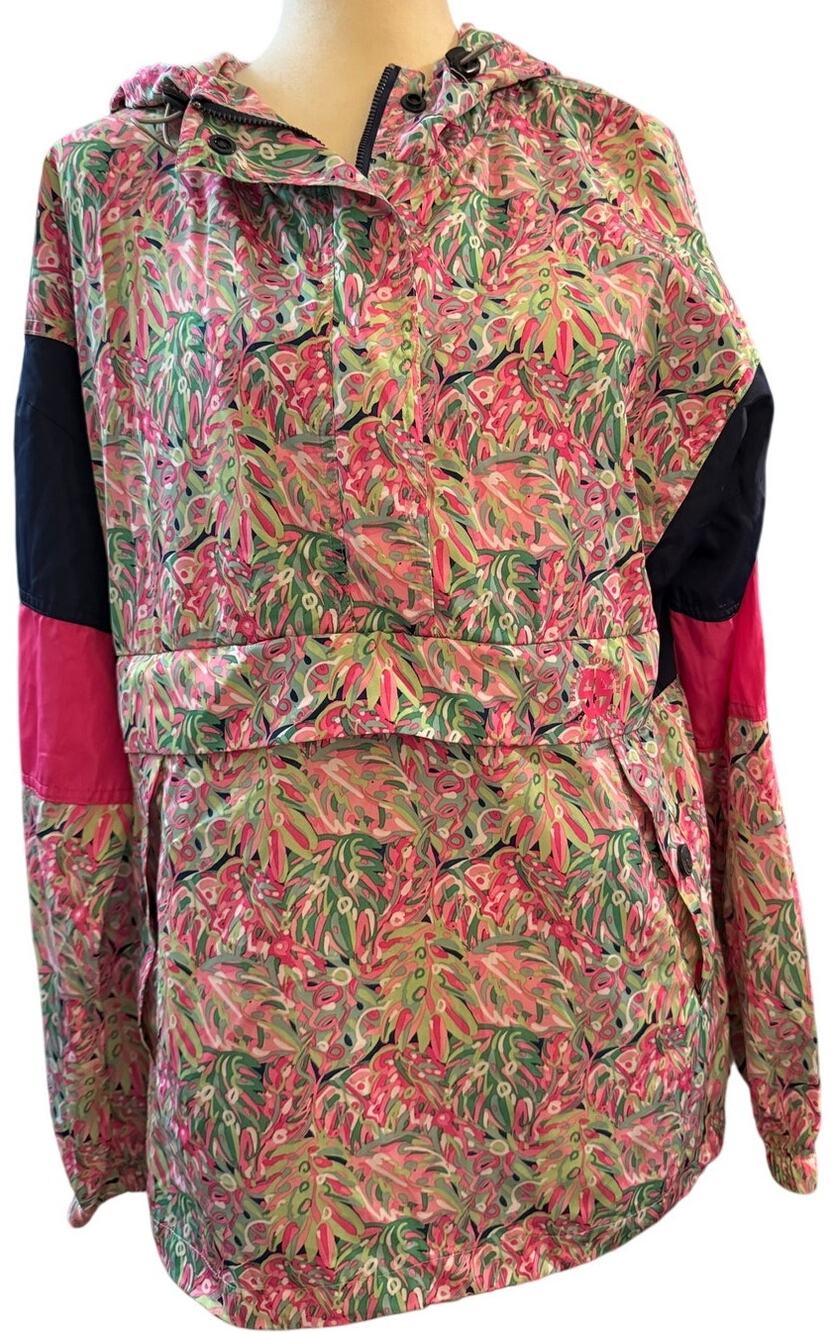 Simply Southern Coastal Tropical Pullover Hooded Rain Jacket, Pink Green, Large